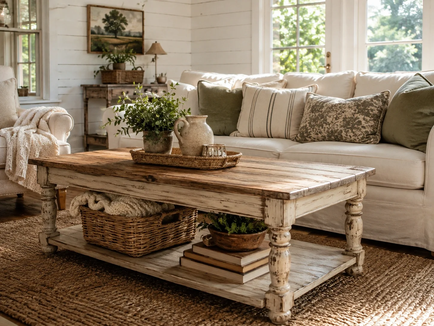 Farmhouse coffee table with turned legs and distressed finish