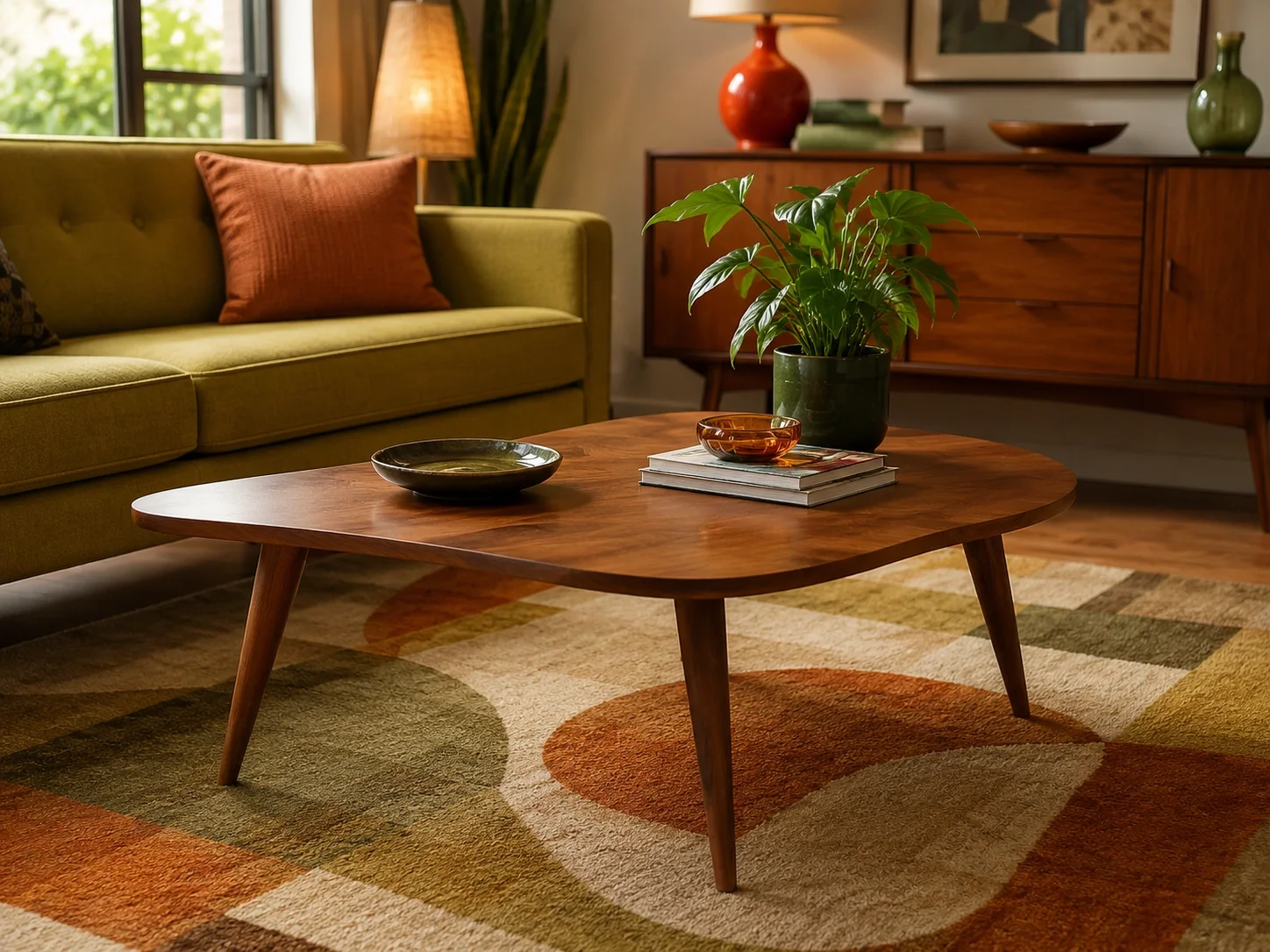 Mid-century coffee table with tapered legs and organic shape