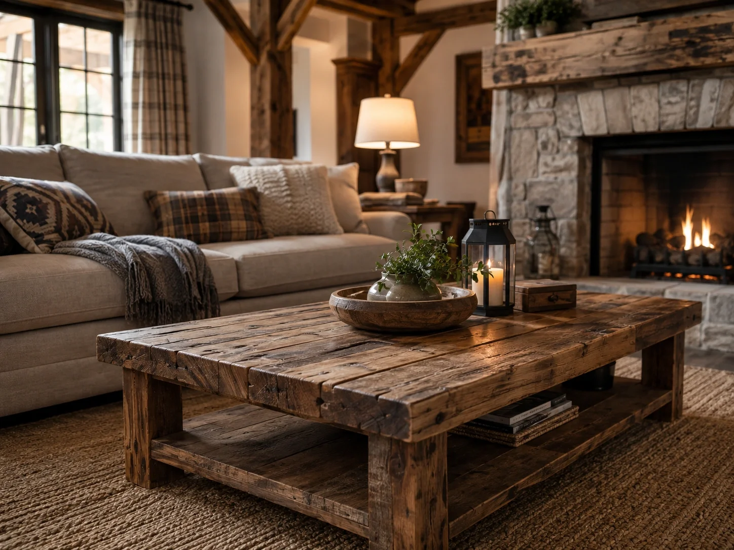 Rustic coffee table with reclaimed wood and natural grain